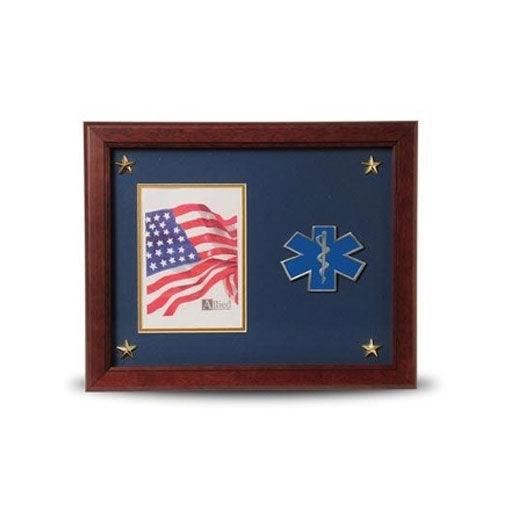 EMS Medallion Frame for 5x7 picture, featuring gold trim and stars, made of mahogany wood.