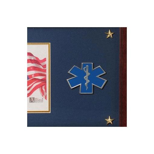 EMS Medallion Frame for 5x7 picture, featuring gold trim and stars, made of mahogany wood.