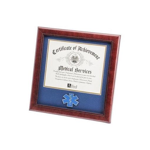 EMS Medallion Frame showcasing an 8x10 certificate with blue matting and gold trim, made from mahogany-colored wood.