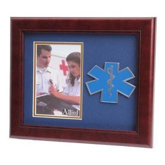 EMS Medallion Landscape Picture Frame 4x6 with blue matting and gold trim, made of mahogany wood, displaying a photo of an EMS professional.