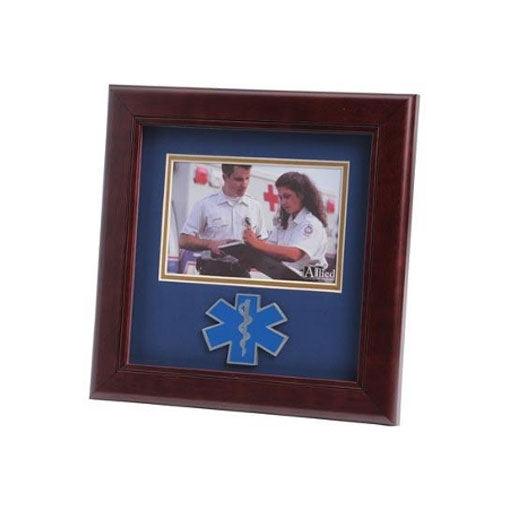 EMS Medallion Landscape Picture Frame with blue matting and gold trim, displaying a 4x6 photo.