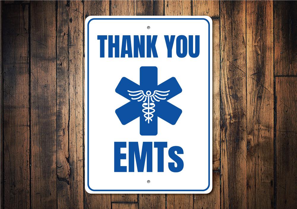 Customizable EMT sign made of high-quality aluminum, featuring pre-drilled holes for easy mounting, perfect for home or office decor.