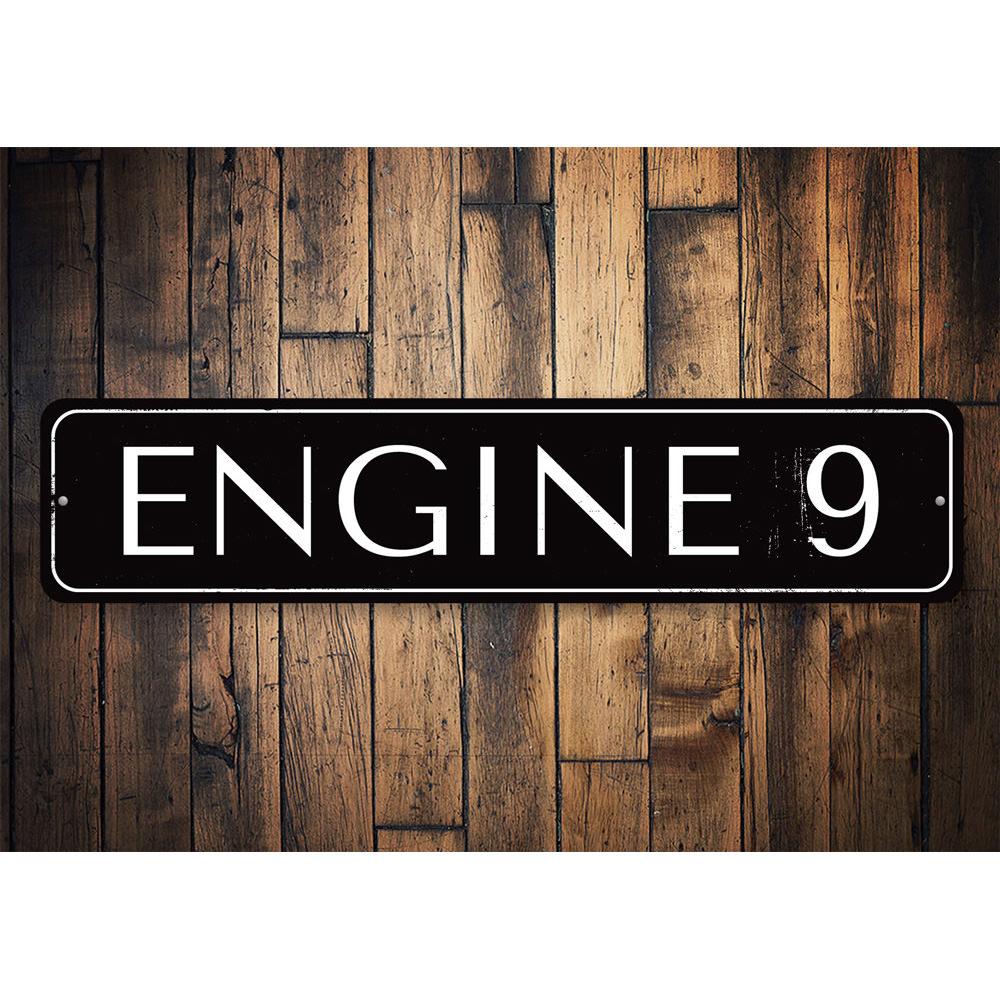 Engine Number 9 Sign made from high-quality aluminum, featuring customizable text and pre-drilled holes for easy mounting.