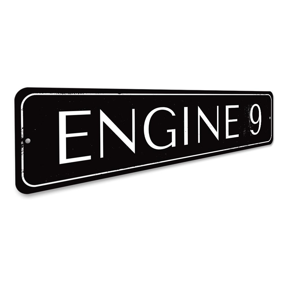 Engine Number 9 Sign made from high-quality aluminum, featuring customizable text and pre-drilled holes for easy mounting.