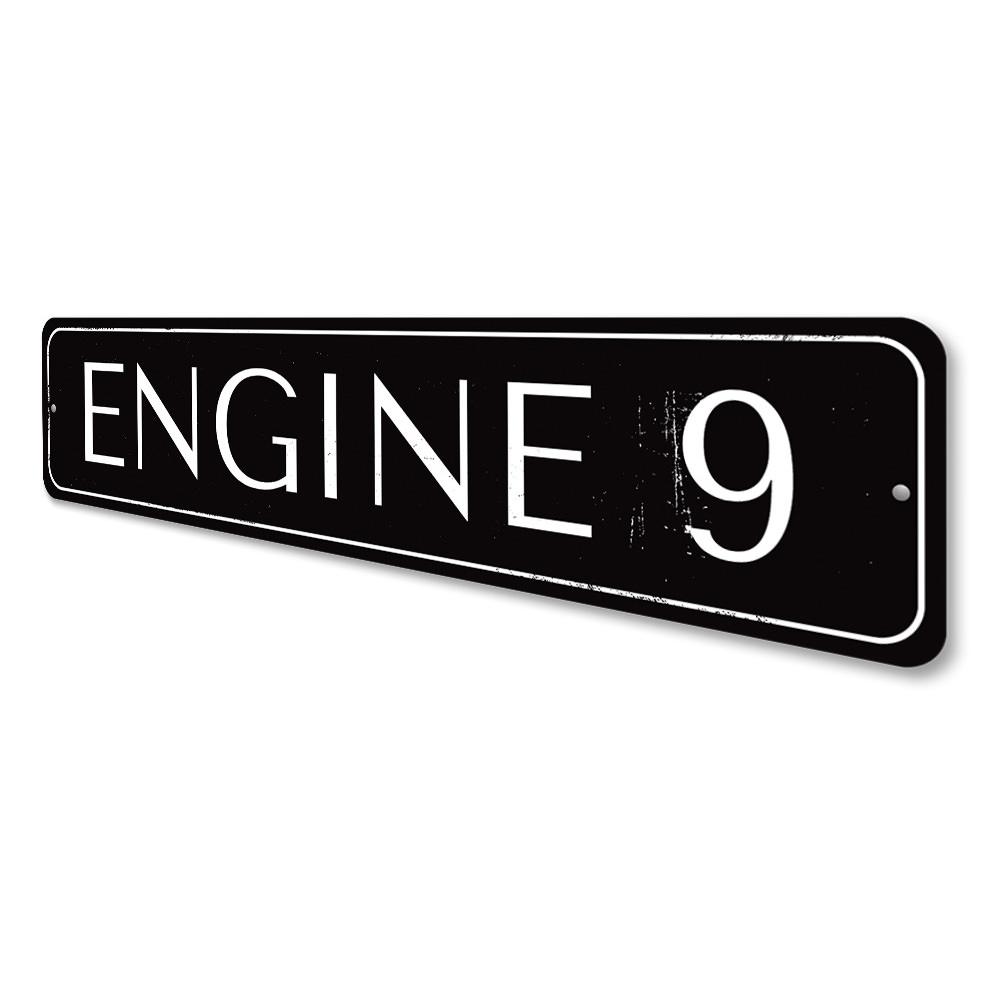 Engine Number 9 Sign made from high-quality aluminum, featuring customizable text and pre-drilled holes for easy mounting.