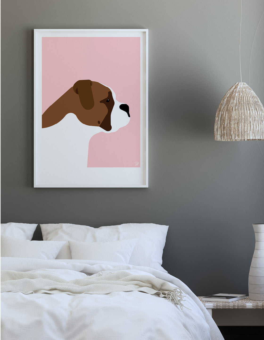 A modern art piece featuring a stylish English Bulldog with clean lines and bold colors, perfect for home decor.