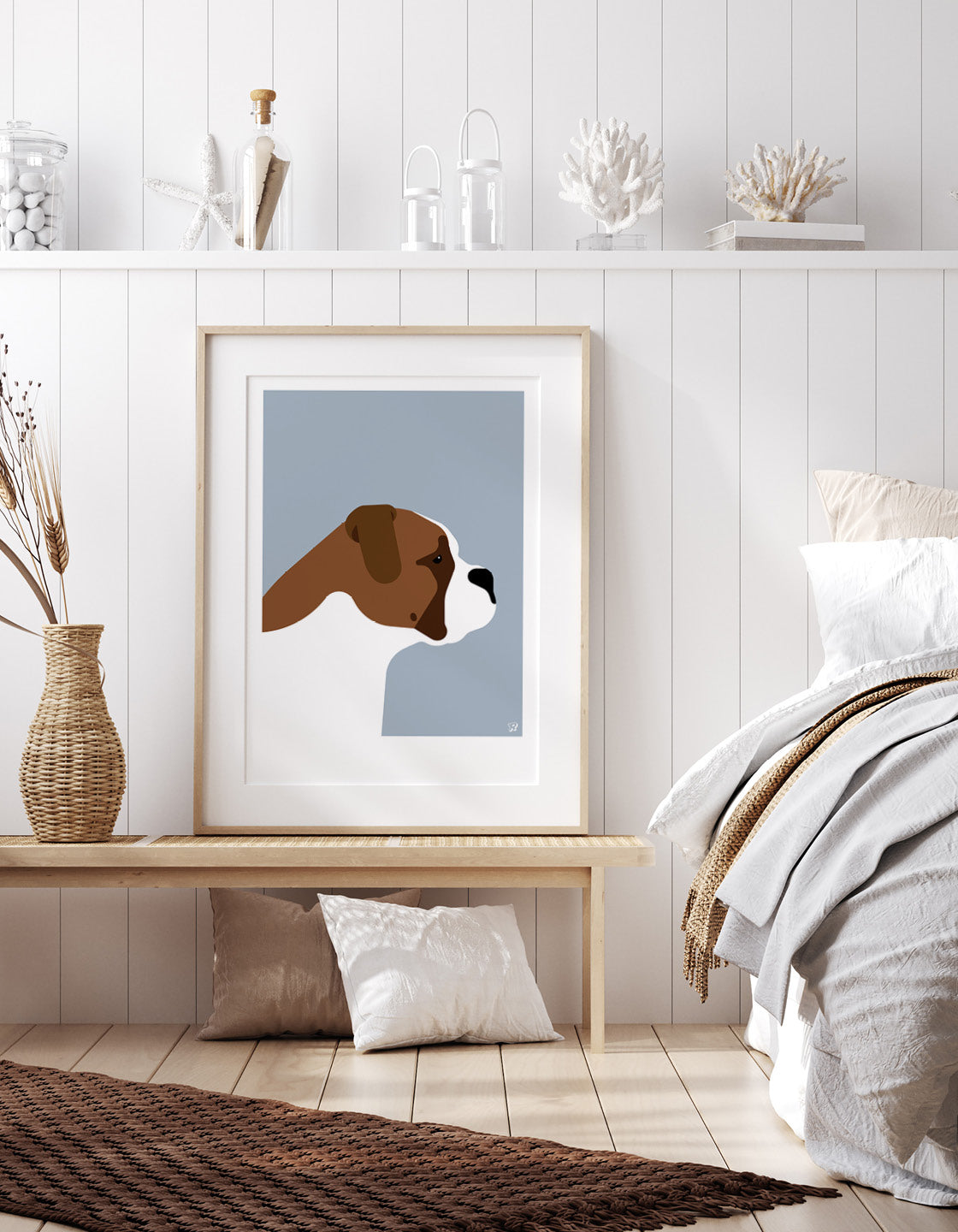 A modern art piece featuring a stylish English Bulldog with clean lines and bold colors, perfect for home decor.