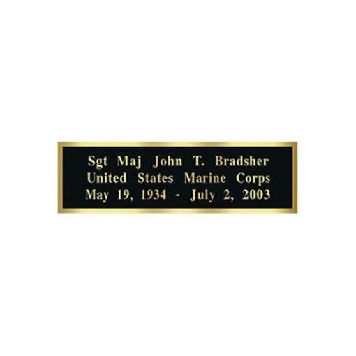 Engraved brass plate with black lettering, personalized for display cases, showcasing military or personal achievements.