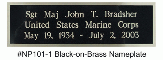 Engraved brass plate with personalized text for display cases, featuring a black-on-brass finish.