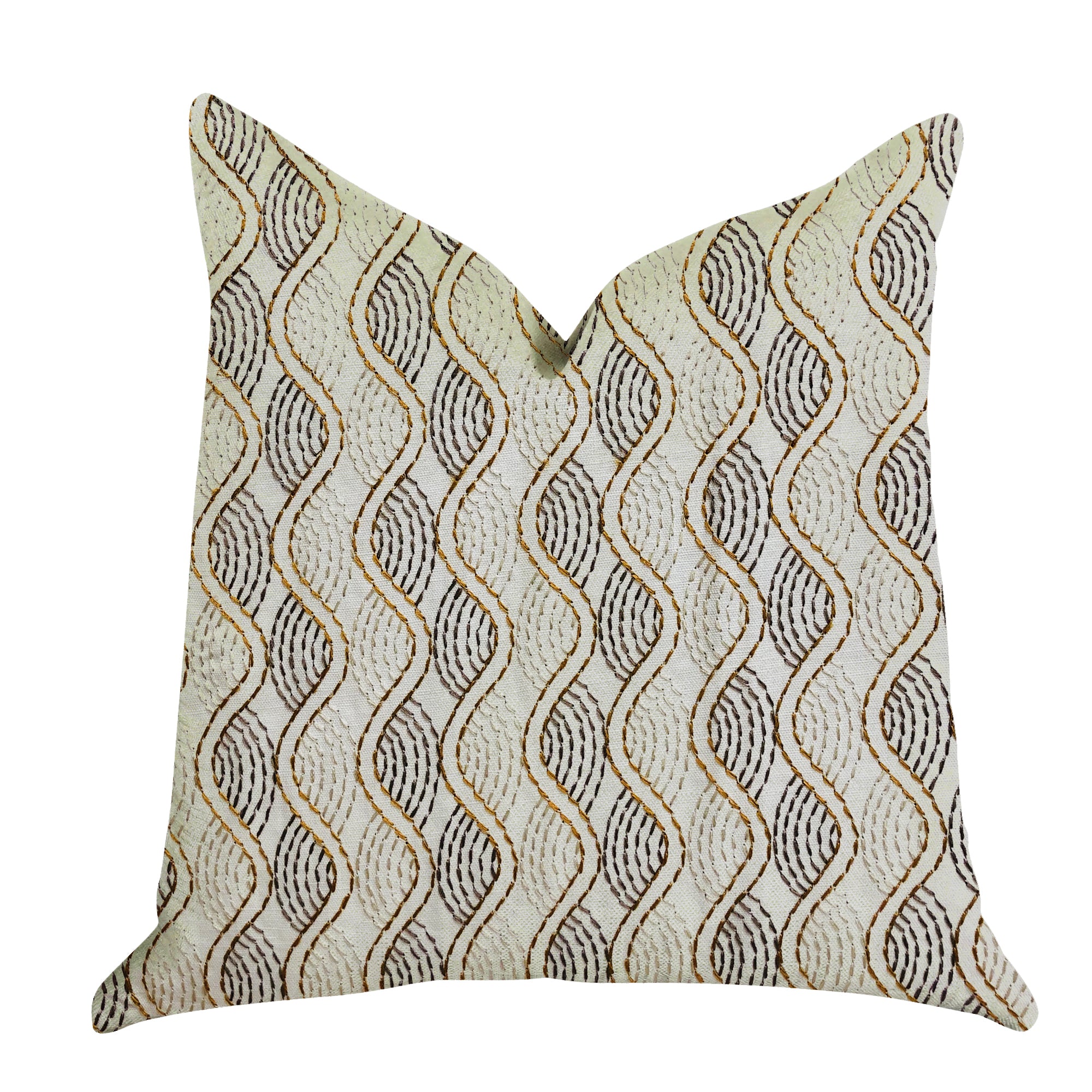 Enigma Twist Luxury Throw Pillow in beige and gold, showcasing a stylish design with a blend of cotton, linen, and viscose fabric.