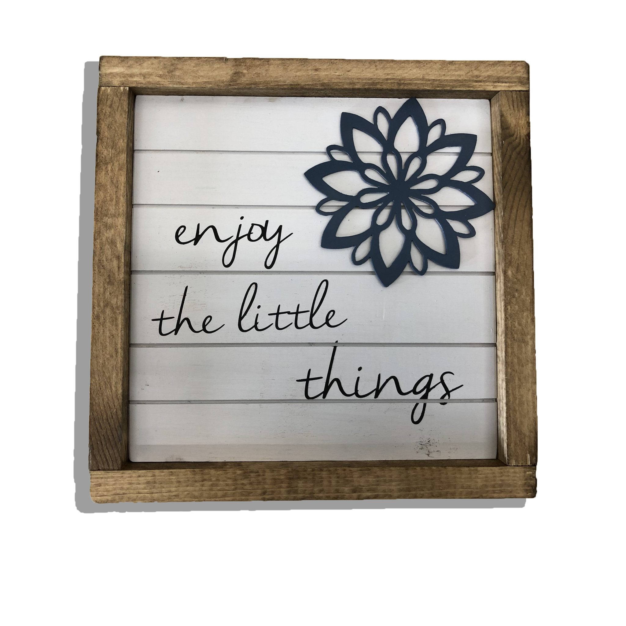 Enjoy The Little Things Wood Wall Art Frame featuring a steel lotus flower, elegantly designed for home decor.