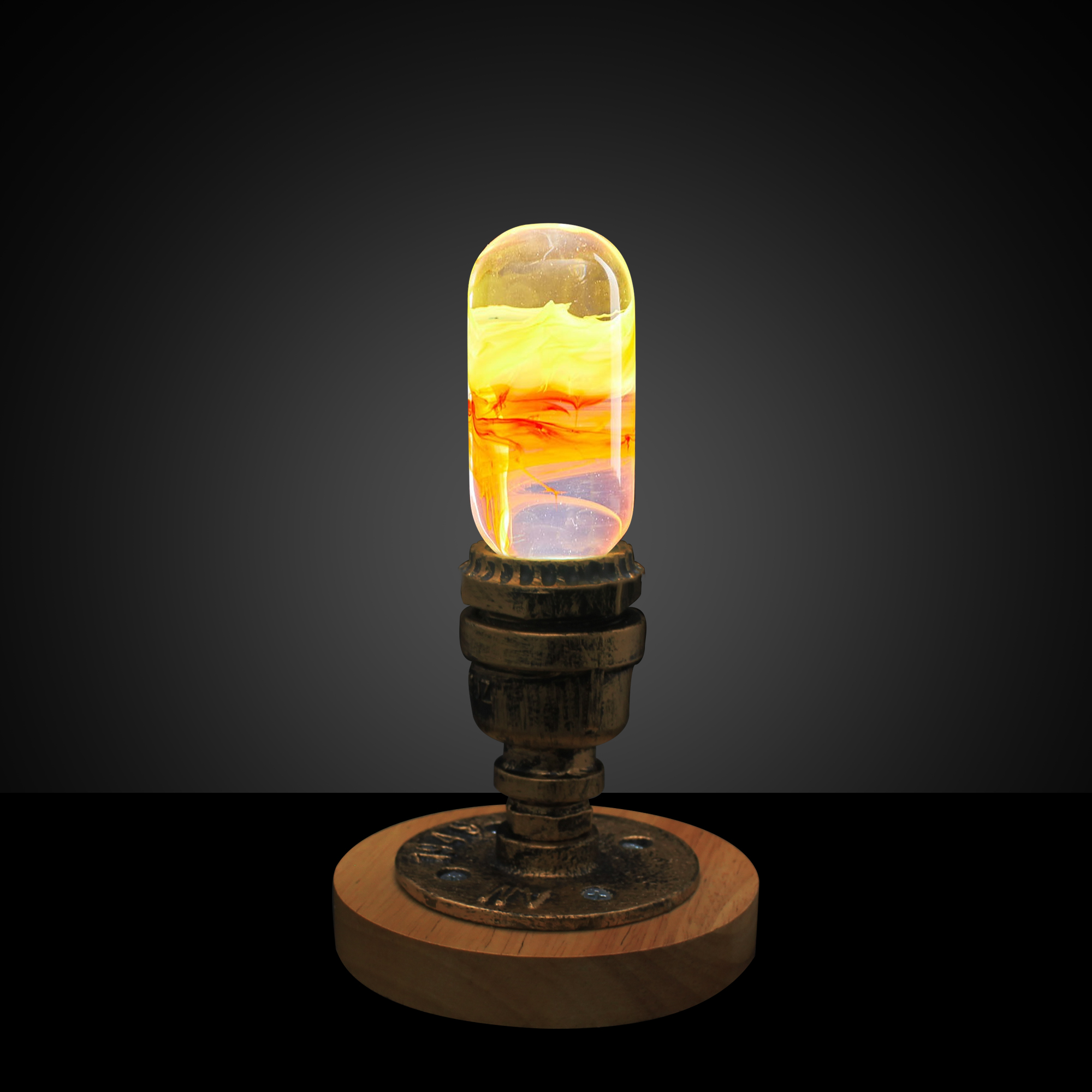 EP Light - Flame LED bulb with eco-friendly resin construction, showcasing its handcrafted design and stylish wooden base.