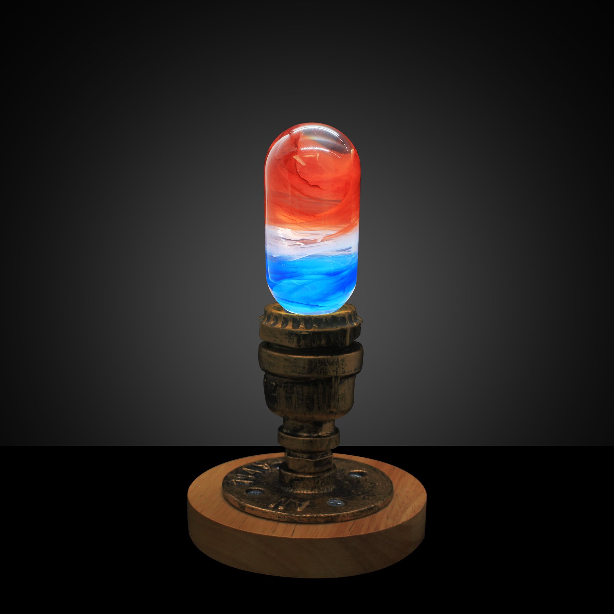 EP LIGHT - Sunrise handcrafted LED bulb with unique resin design, showcasing vibrant colors and intricate paint curves.