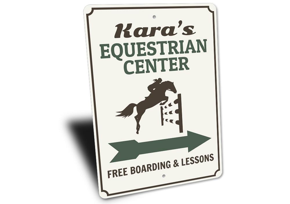 Customizable Equestrian Center Sign made of durable aluminum, featuring pre-drilled holes for easy mounting.