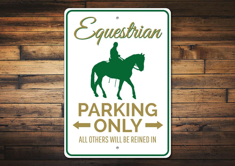 Equestrian Parking Sign made of high-quality aluminum, featuring customizable text and pre-drilled holes for easy mounting.