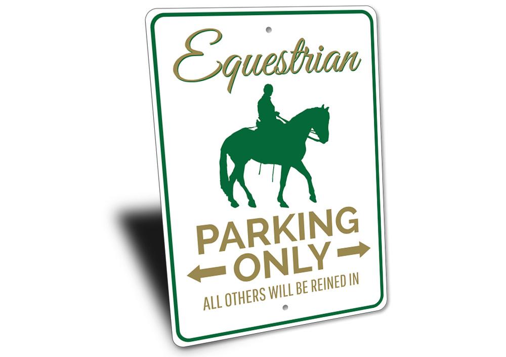 Equestrian Parking Sign made of high-quality aluminum, featuring customizable text and pre-drilled holes for easy mounting.