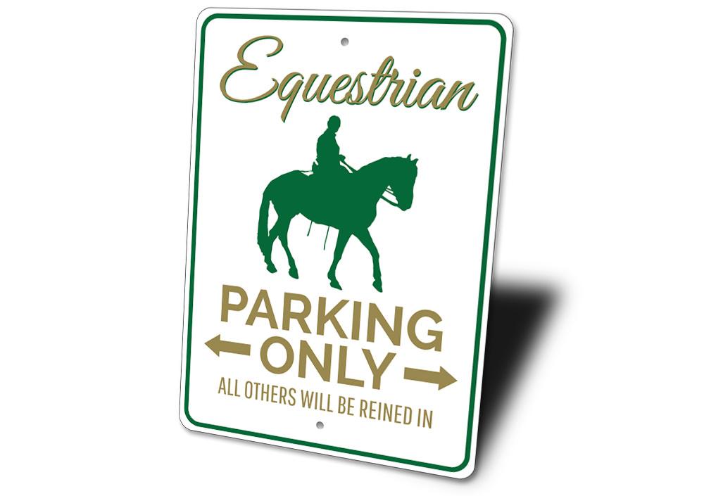 Equestrian Parking Sign made of high-quality aluminum, featuring customizable text and pre-drilled holes for easy mounting.