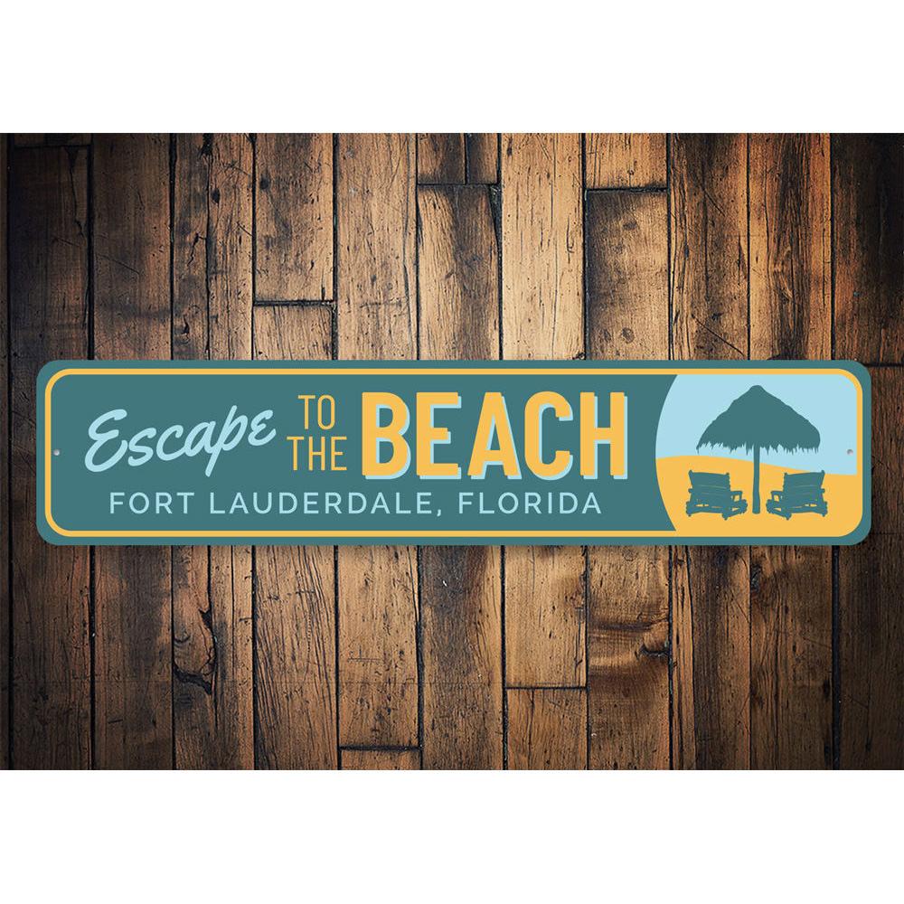 Escape to the Beach Sign made of high-quality aluminum, featuring a coastal design, perfect for home decor.