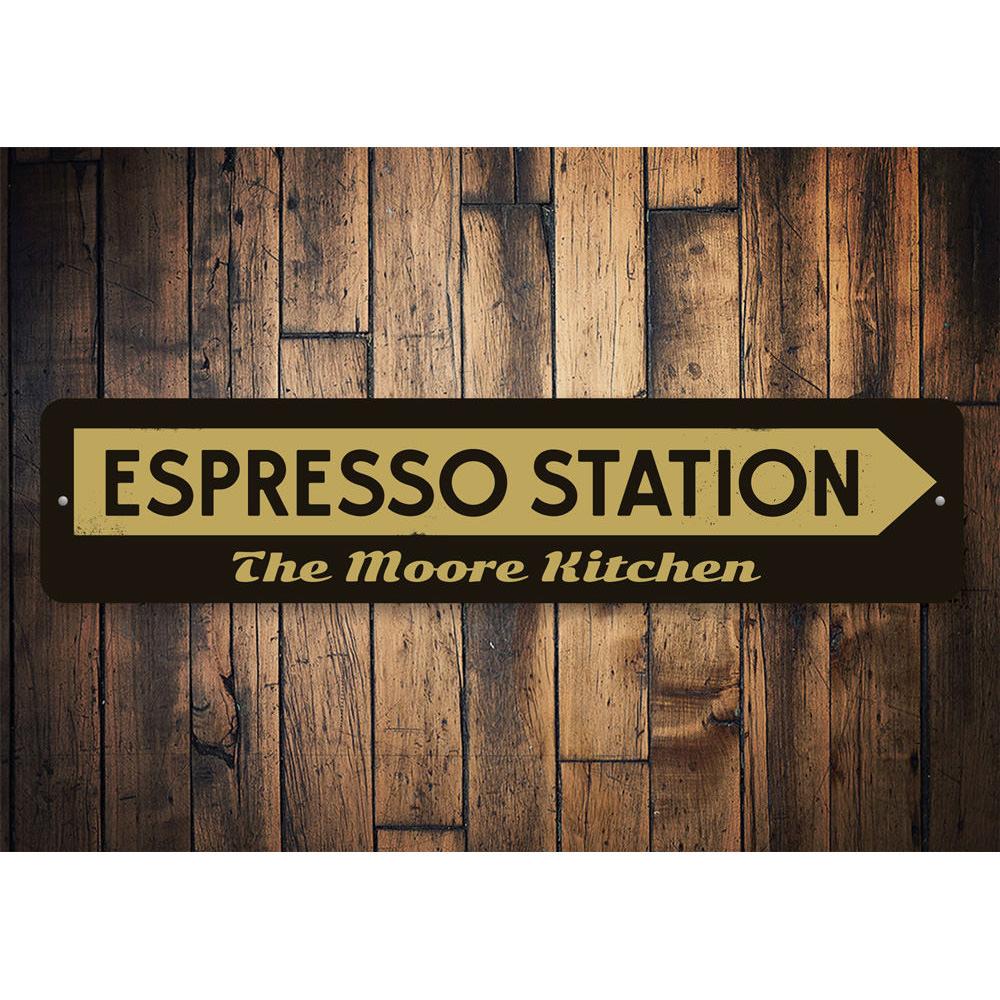 Customizable Espresso Station Sign made of high-quality aluminum, featuring pre-drilled holes for easy mounting, perfect for cafes and restaurants.