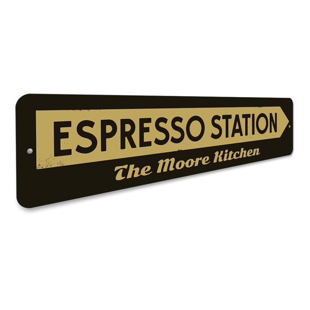 Customizable Espresso Station Sign made of high-quality aluminum, featuring pre-drilled holes for easy mounting, perfect for cafes and restaurants.