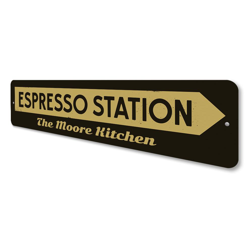 Customizable Espresso Station Sign made of high-quality aluminum, featuring pre-drilled holes for easy mounting, perfect for cafes and restaurants.