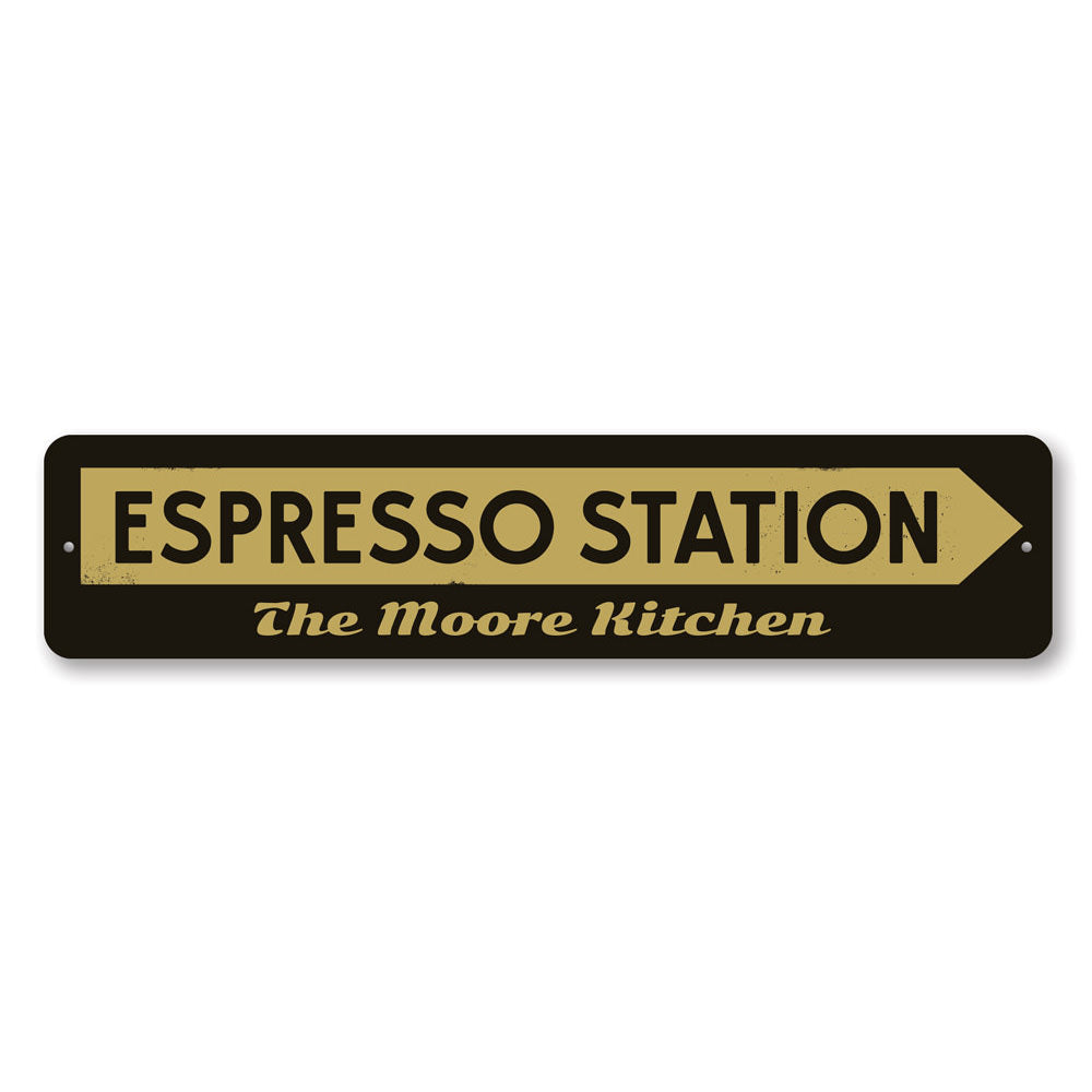 Customizable Espresso Station Sign made of high-quality aluminum, featuring pre-drilled holes for easy mounting, perfect for cafes and restaurants.