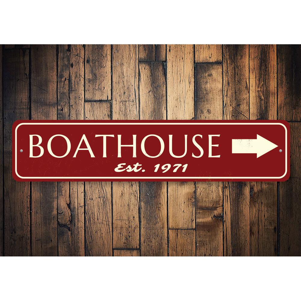 Customizable Est Date Boat House Sign made of high-quality aluminum, perfect for lakehouse decor.