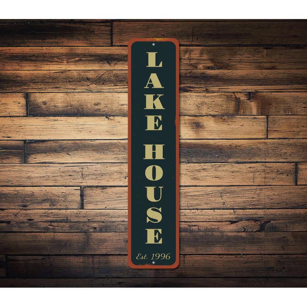 Established Date Lake House Vertical Sign made of high-quality aluminum, featuring customizable text and pre-drilled holes for easy mounting.