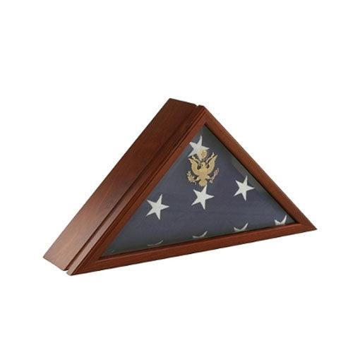 Eternity Flag Case and Urn made of solid walnut hardwood, featuring an embossed Great Seal of the United States on beveled glass.