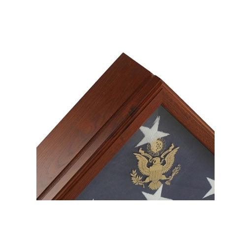 Eternity Flag Case and Urn made of solid walnut hardwood, featuring an embossed Great Seal of the United States on beveled glass.