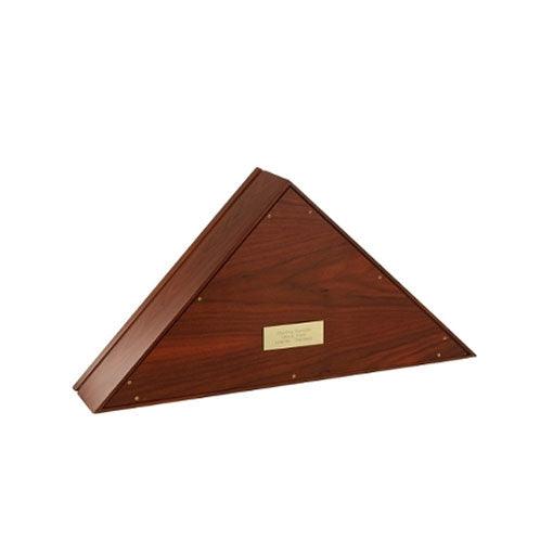 Eternity Flag Case and Urn made of solid walnut hardwood, featuring an embossed Great Seal of the United States on beveled glass.