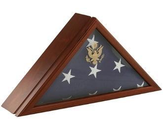 Eternity Flag Case and Urn made of solid walnut, featuring a beveled glass front with the Great Seal of the United States.