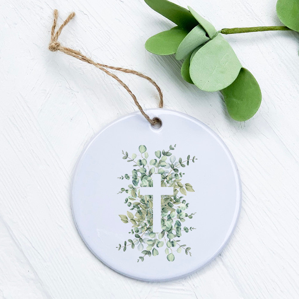 Eucalyptus Cross ornament made of high-quality porcelain with a glossy finish, featuring a vibrant design.