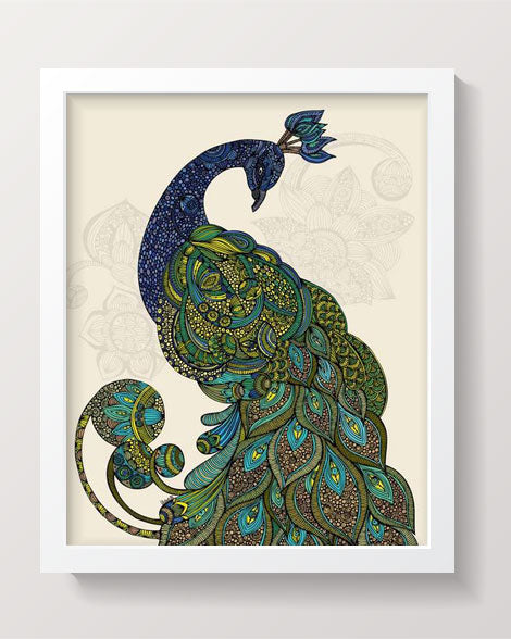 A vibrant print of 'Eva the Peacock', showcasing intricate details and rich colors on 8x10 photographic paper.