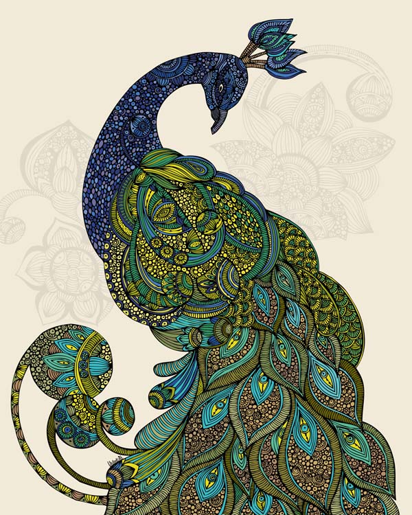 A vibrant print of 'Eva the Peacock', showcasing intricate details and rich colors on 8x10 photographic paper.