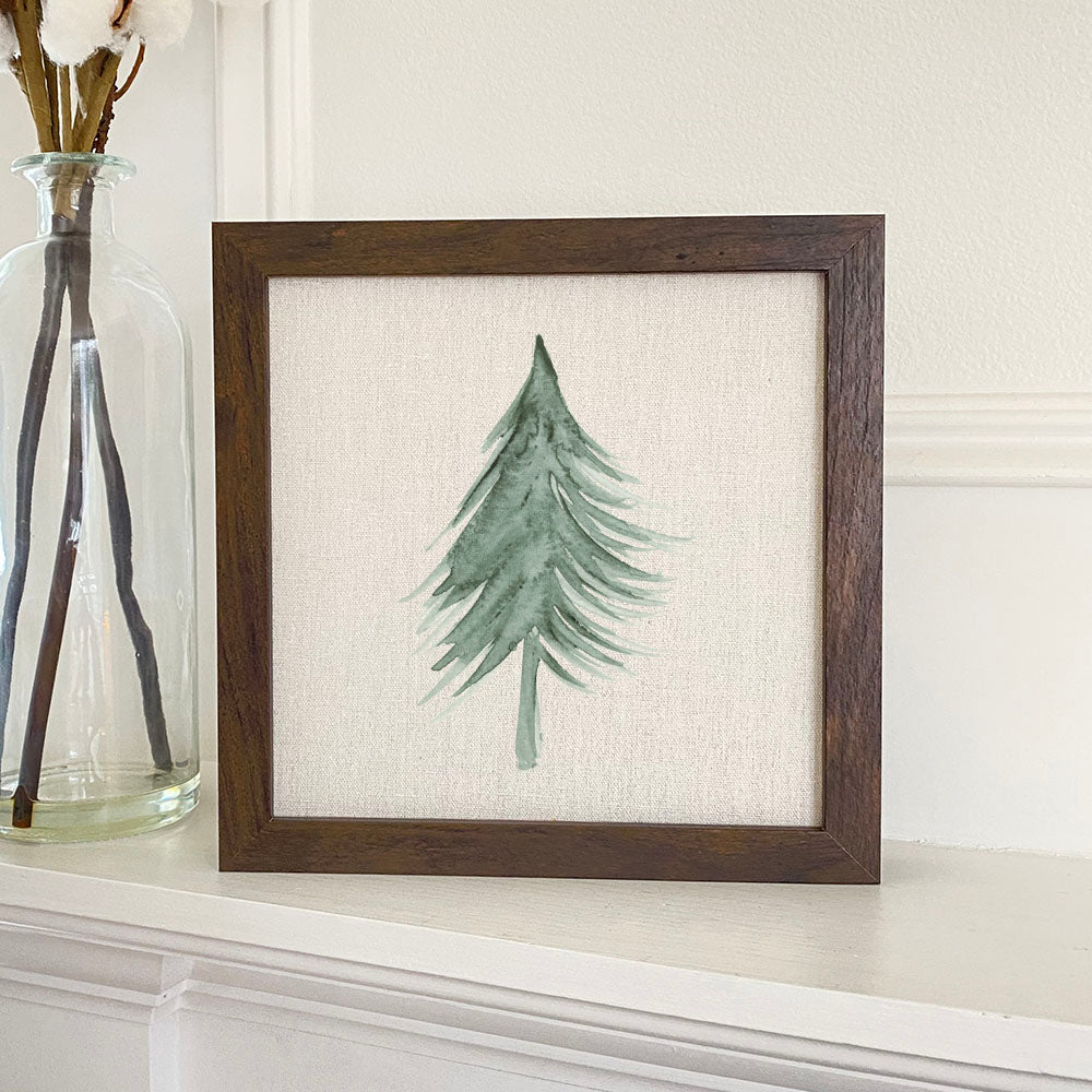 Evergreen Tree Framed Sign with a stylized wood frame and eco-friendly printing on a linen-look background.