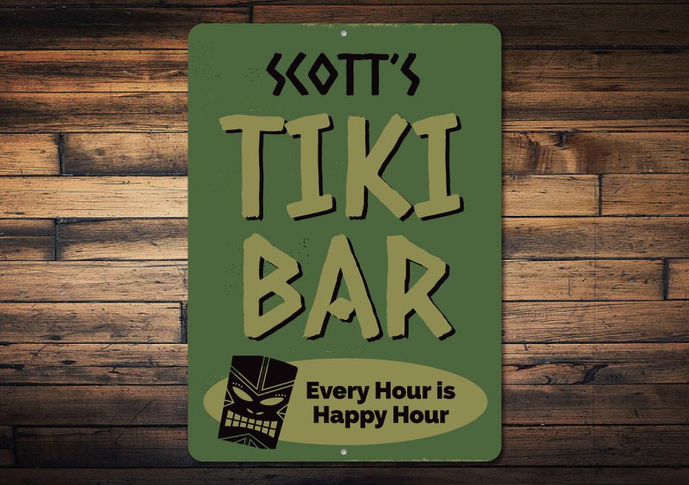 Every Hour is Happy Hour Tiki Bar Sign made of aluminum, featuring vibrant colors and customizable text, perfect for beach-themed decor.