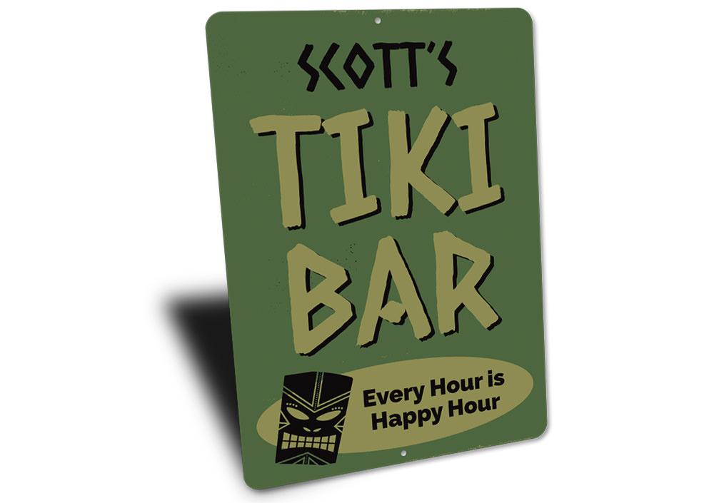 Every Hour is Happy Hour Tiki Bar Sign made of aluminum, featuring vibrant colors and customizable text, perfect for beach-themed decor.