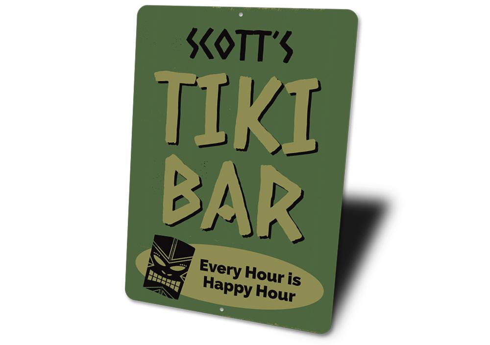 Every Hour is Happy Hour Tiki Bar Sign made of aluminum, featuring vibrant colors and customizable text, perfect for beach-themed decor.