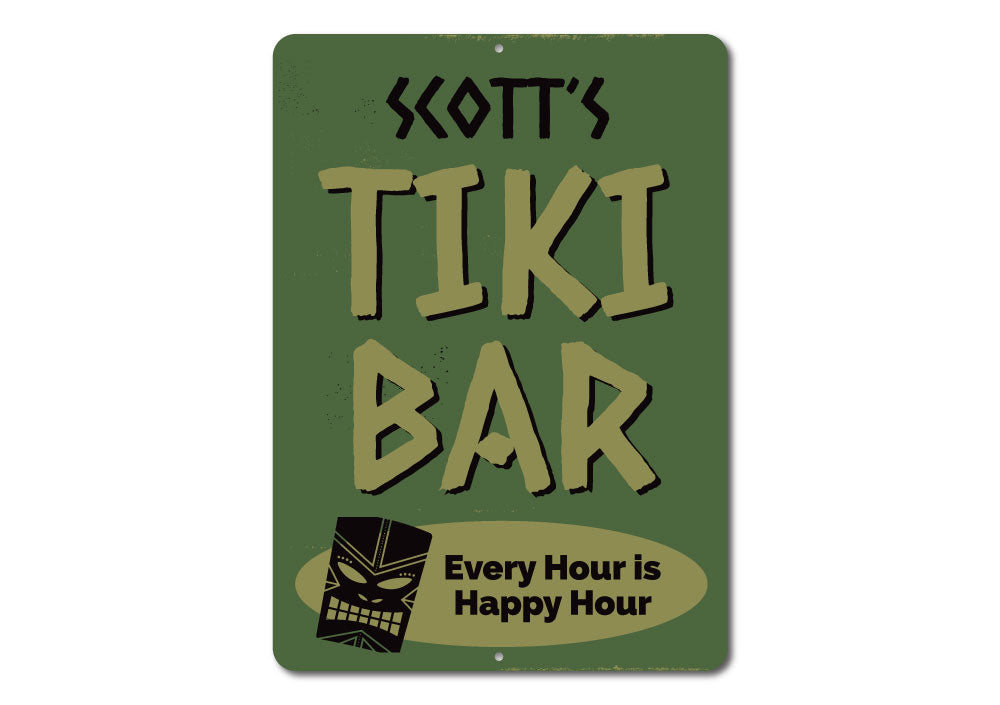 Every Hour is Happy Hour Tiki Bar Sign made of aluminum, featuring vibrant colors and customizable text, perfect for beach-themed decor.