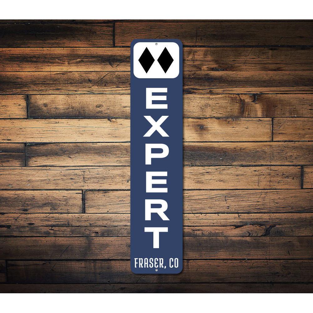 Expert Ski Vertical Sign made of high-quality aluminum, featuring customizable text and pre-drilled holes for easy mounting, perfect for ski enthusiasts.