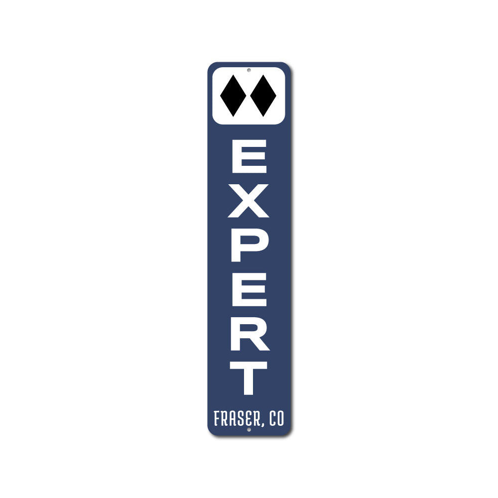 Expert Ski Vertical Sign made of high-quality aluminum, featuring customizable text and pre-drilled holes for easy mounting, perfect for ski enthusiasts.