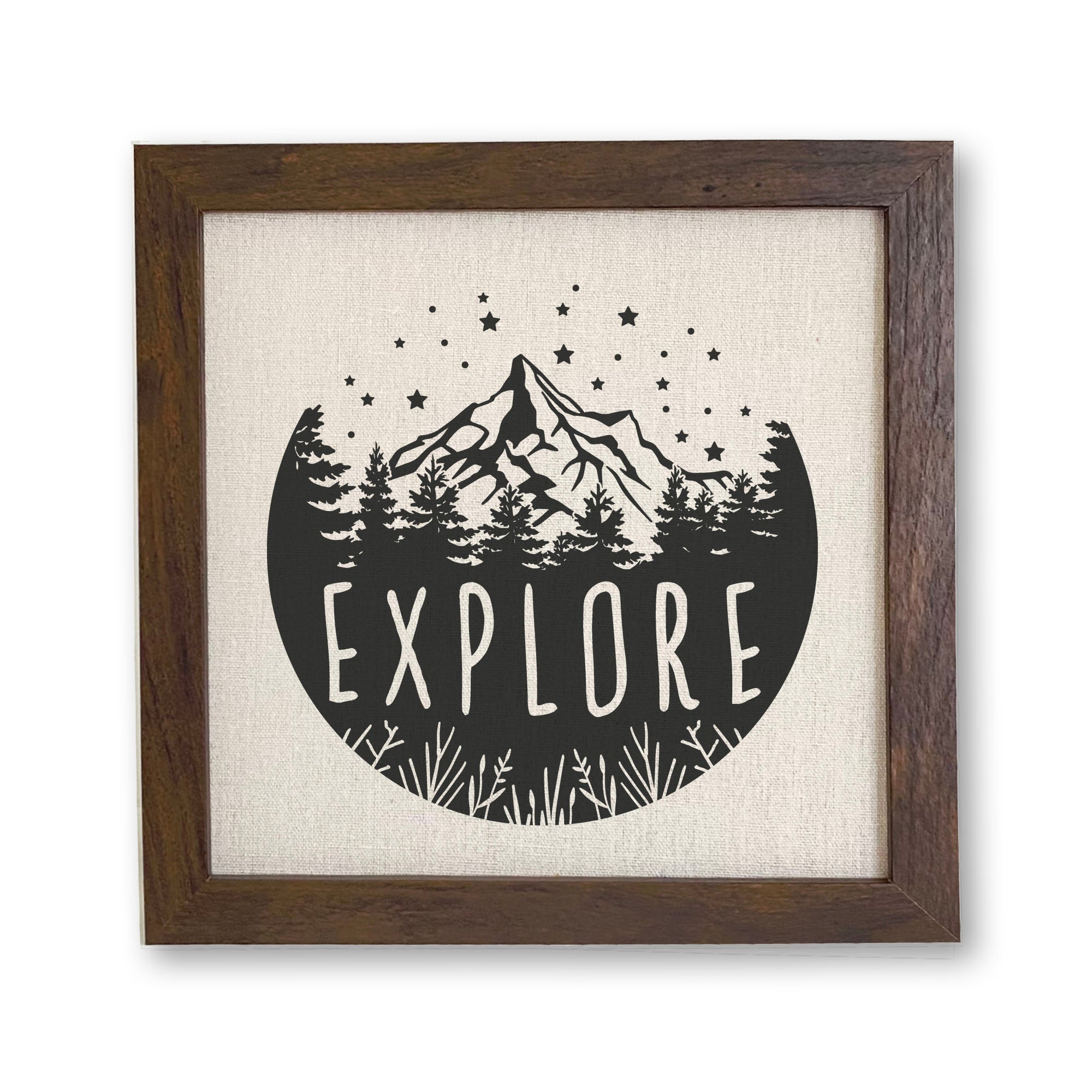 Explore Framed Sign with a stylish wood frame and linen-look background, perfect for shelf or wall display.