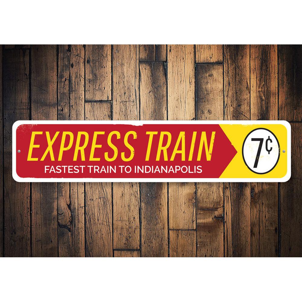 Customizable Express Train Sign made of high-quality aluminum, featuring vibrant colors and pre-drilled holes for easy mounting.