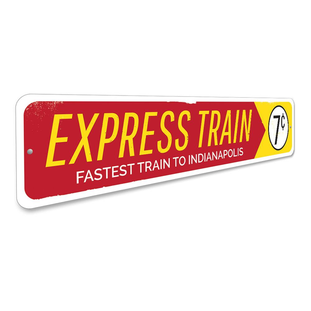 Customizable Express Train Sign made of high-quality aluminum, featuring vibrant colors and pre-drilled holes for easy mounting.