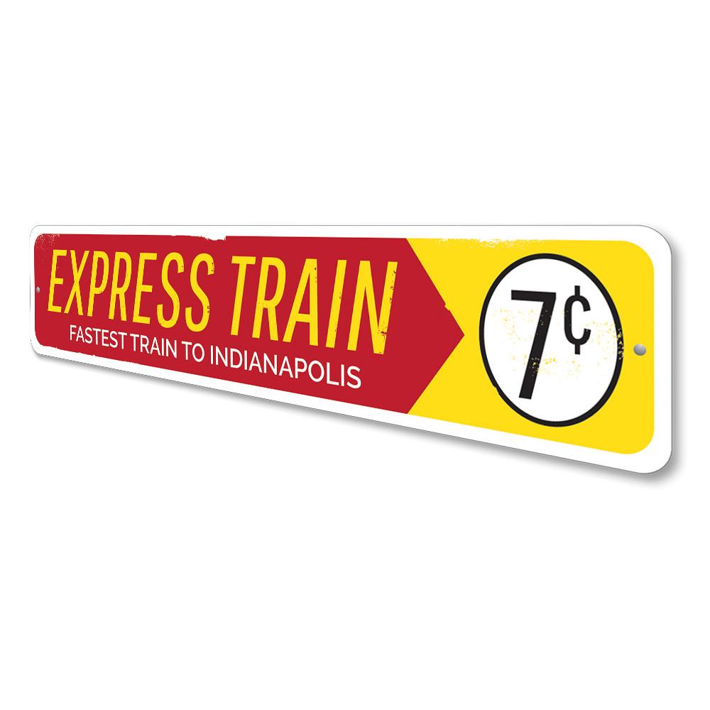 Customizable Express Train Sign made of high-quality aluminum, featuring vibrant colors and pre-drilled holes for easy mounting.