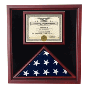 Extra Large Award and Flag Display Case for 3x5 flag, featuring cherry wood frame, Plexiglas front, and black velvet lining.