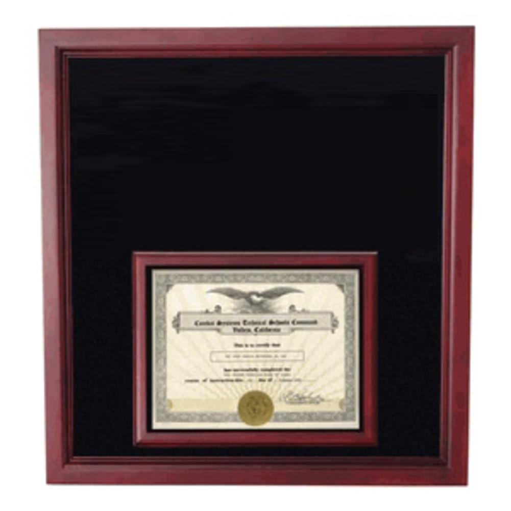 Extra Large Award Display Case made of cherry wood with a glossy Plexiglas front and black velvet lining, showcasing a document.