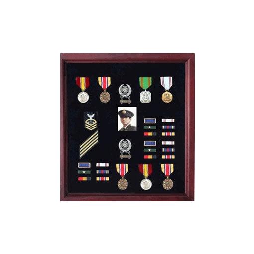 Extra Large Medal Display Case in Cherry Finish, showcasing military medals and memorabilia with a rich black felt lining.