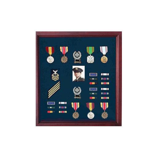 Extra Large Medal Display Case in Cherry Finish, showcasing military medals and memorabilia with a rich black felt lining.